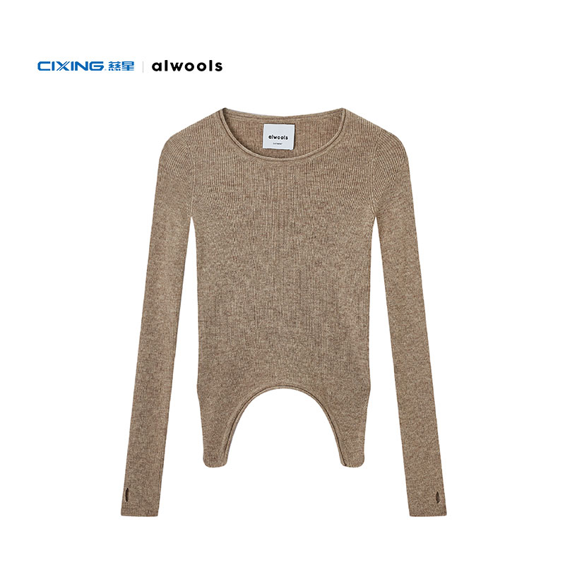 Áo len cổ tròn rộng pha trộn cashmere